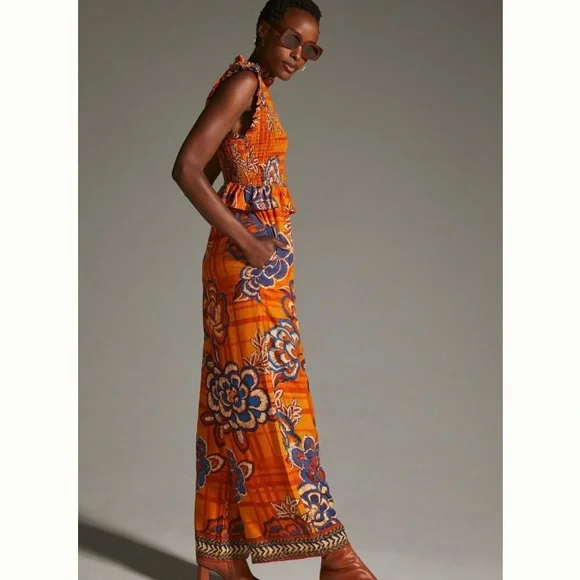 🌿|NWT| Farm x Anthropologie Smocked Wide Leg Jumpsuit - Picture 3 of 12